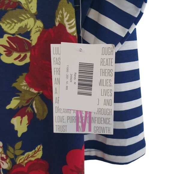 LuLaRoe Randy M Women Floral Rose Striped Raglan Sleeve Top Blouse Casual Blue - Picture 5 of 8